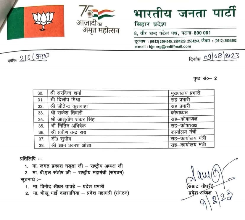 बिहार BJP के नए पदाधिकारियों की सूची जारी, जानिए किन्हें मिली कौन सी जिम्मेदारी