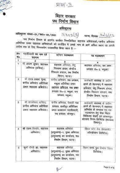 पथ निर्माण विभाग में बड़े पैमाने पर तबादला, अधिसूचना जारी, देखें पूरी लिस्ट