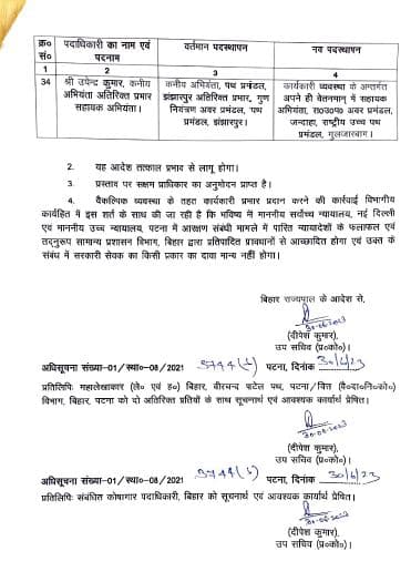 पथ निर्माण विभाग में बड़े पैमाने पर तबादला, अधिसूचना जारी, देखें पूरी लिस्ट