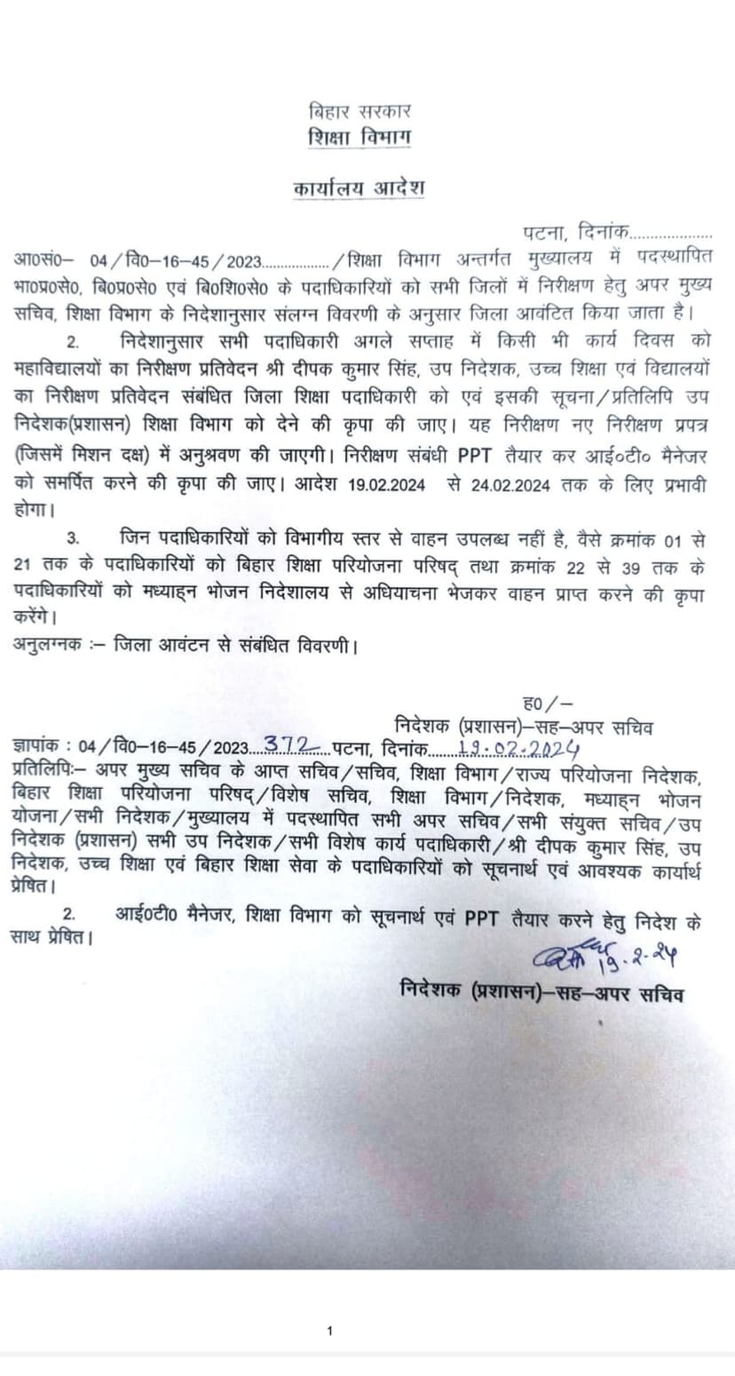 KK पाठक ने स्कूलों के निरीक्षण का शेड्यूल करवा दिया जारी..